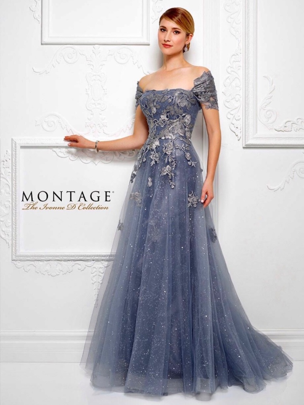NWT! Ivonne D By Mon Cheri Blue Floral Embroidered Strapless Gown Size 10